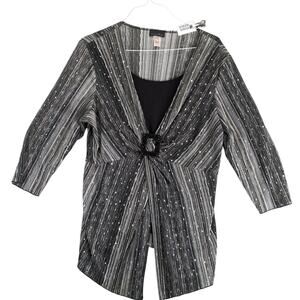 Brittany Black Sequin Shimmer Striped Buckle Front Blouse Women's Plus 3X Glam